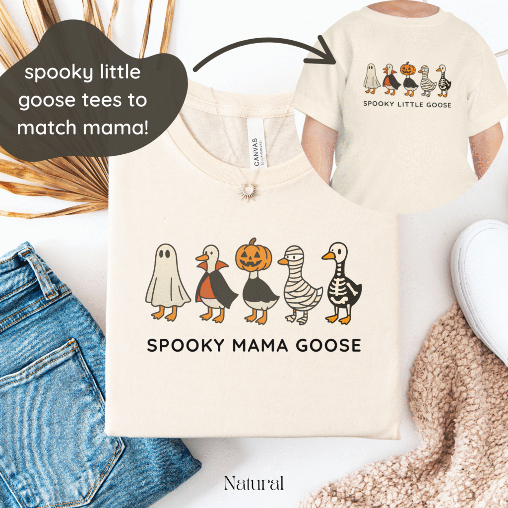 Mommy and Me Halloween matching outfits, cute family fall shirts, spooky season family photo look.