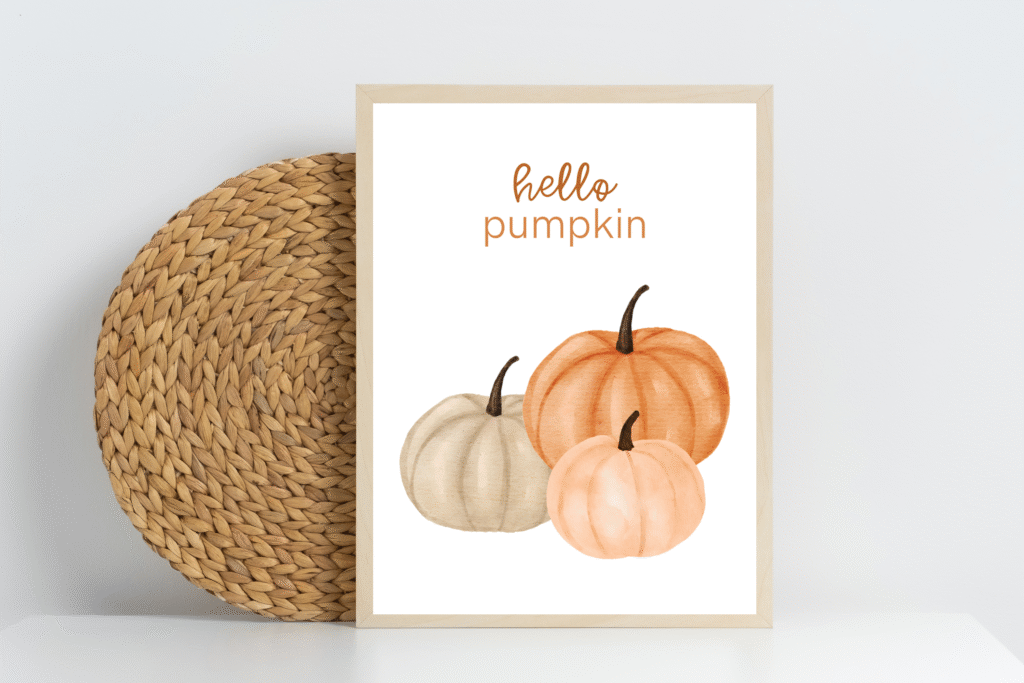 Hello Pumpkin printable wall art, colorful fall home decor, cheerful autumn wall print.